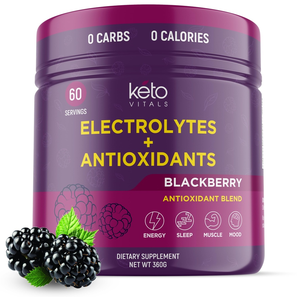 Keto Vitals Antioxidant Electrolytes Powder - Blend Keto Electrolytes with Kalium, Magnesium, Natrium, & Calcium - Ingen Sugar Electrolyte Drink Mix & Hydration Powder, 60 Servering, BlackBerry