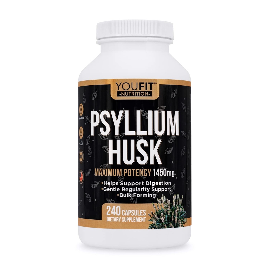 PSYLLIUM Husk kapsler - Premium Psyllium Fiber supplement - fremmer intestinal sundhed og regelmæssighed - 100% Natural Opløselig Fiber 1450mg Per Servering - 240 kapsler