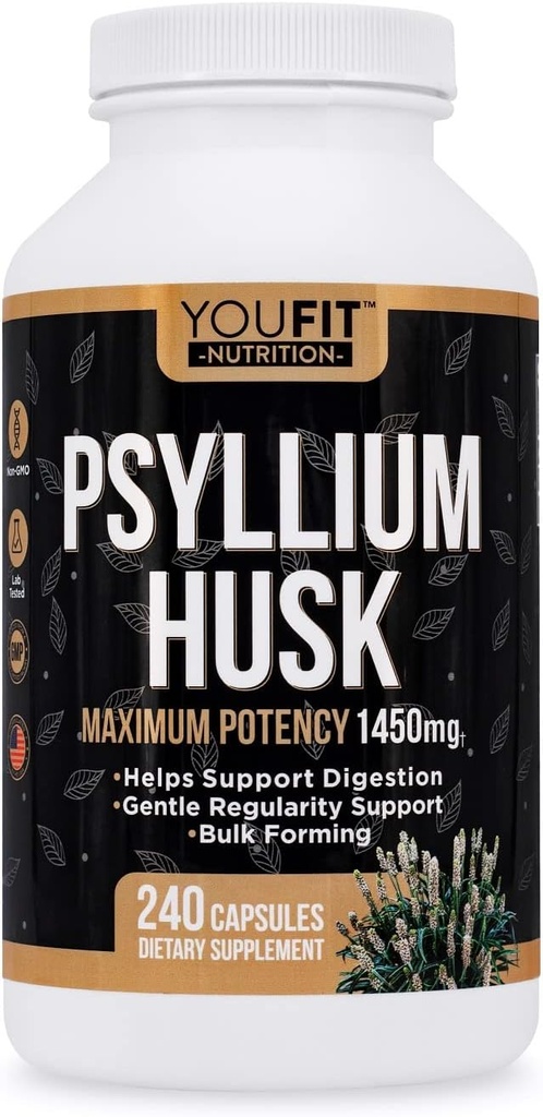 PSYLLIUM Husk kapsler - Premium Psyllium Fiber supplement - fremmer intestinal sundhed og regelmæssighed - 100% Natural Opløselig Fiber 1450mg Per Servering - 240 kapsler