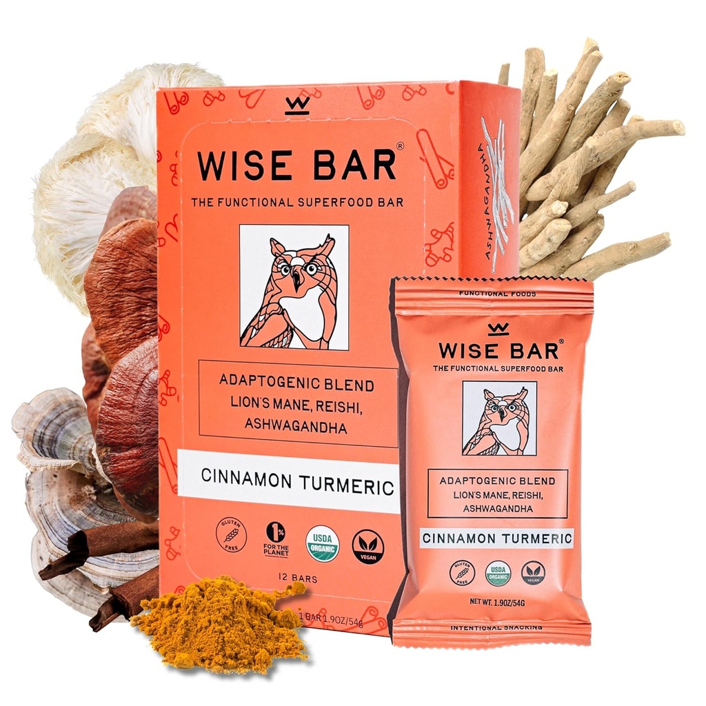 WISE BAR Adaptogen Mushroom Nutrition Bars med Reishi, Lions Mane & Ashwagandha, Organic Vegan & Gluten Free Snacks for Natural Focus, Energi & Immunity Support, kanel gurkemeje, 12 Greve
