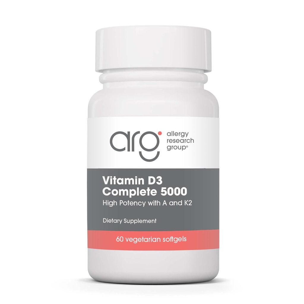 Allergy Research Group Vitamin D3 Complete 5000 - Delivers 125 mcg Vitamin D3 - with Vitamin A & K2 - Supports Bone Strength, Immune Balance & Healthy Mindset - 60 Servings - 60 Capsules