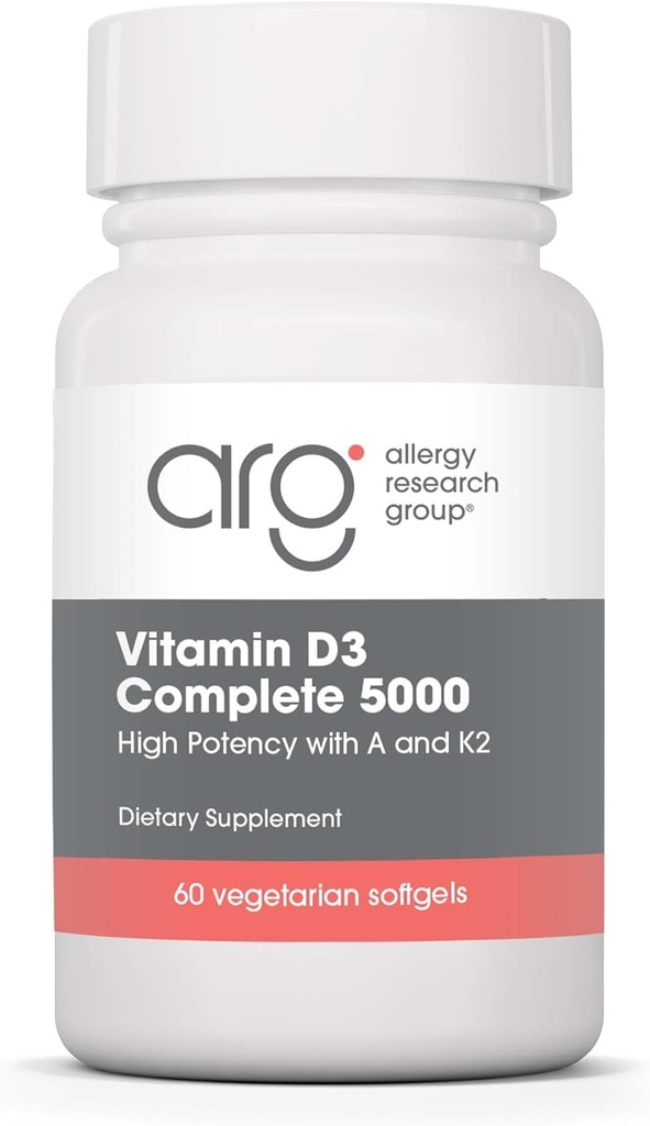 Allergy Research Group Vitamin D3 Complete 5000 IE - Vitamin D3 og K2 Supplement, Daily Balance, med vitamin A, DeltaGold Tocotrienols, High Potency, Veggie Softgels - 60 Greve