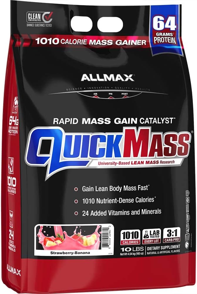 ALLMAX Nutrition QUICKMASS, Strawberry Banana - 10 lb - Rapid Mass Gain Catalyst - Up to 64 Grams of Protein Per Serving - 3:1 Carb to Protein Ratio - Zero Trans Fat - Up to 70 Servings