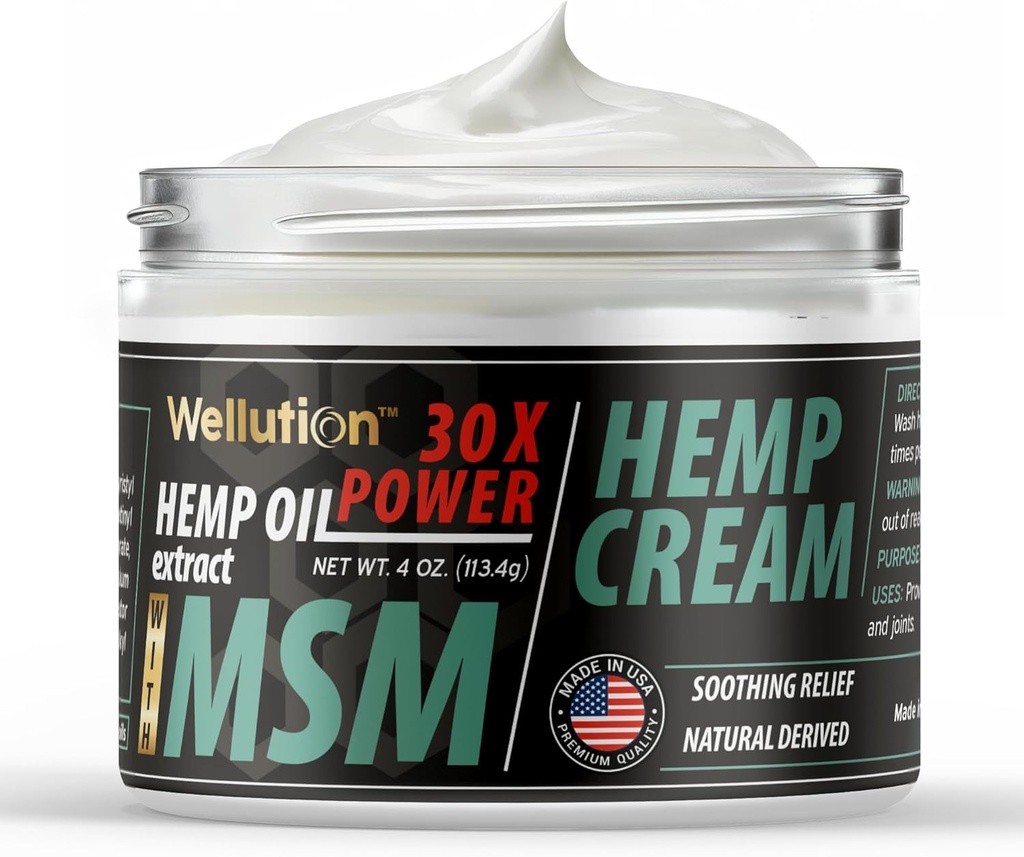 WELLUTION Hamp Cream - All- Natural Hamp Oil Extract - Ekstra styrke Massage Lotion med Arnica, Vitamin E & A - 4 oz