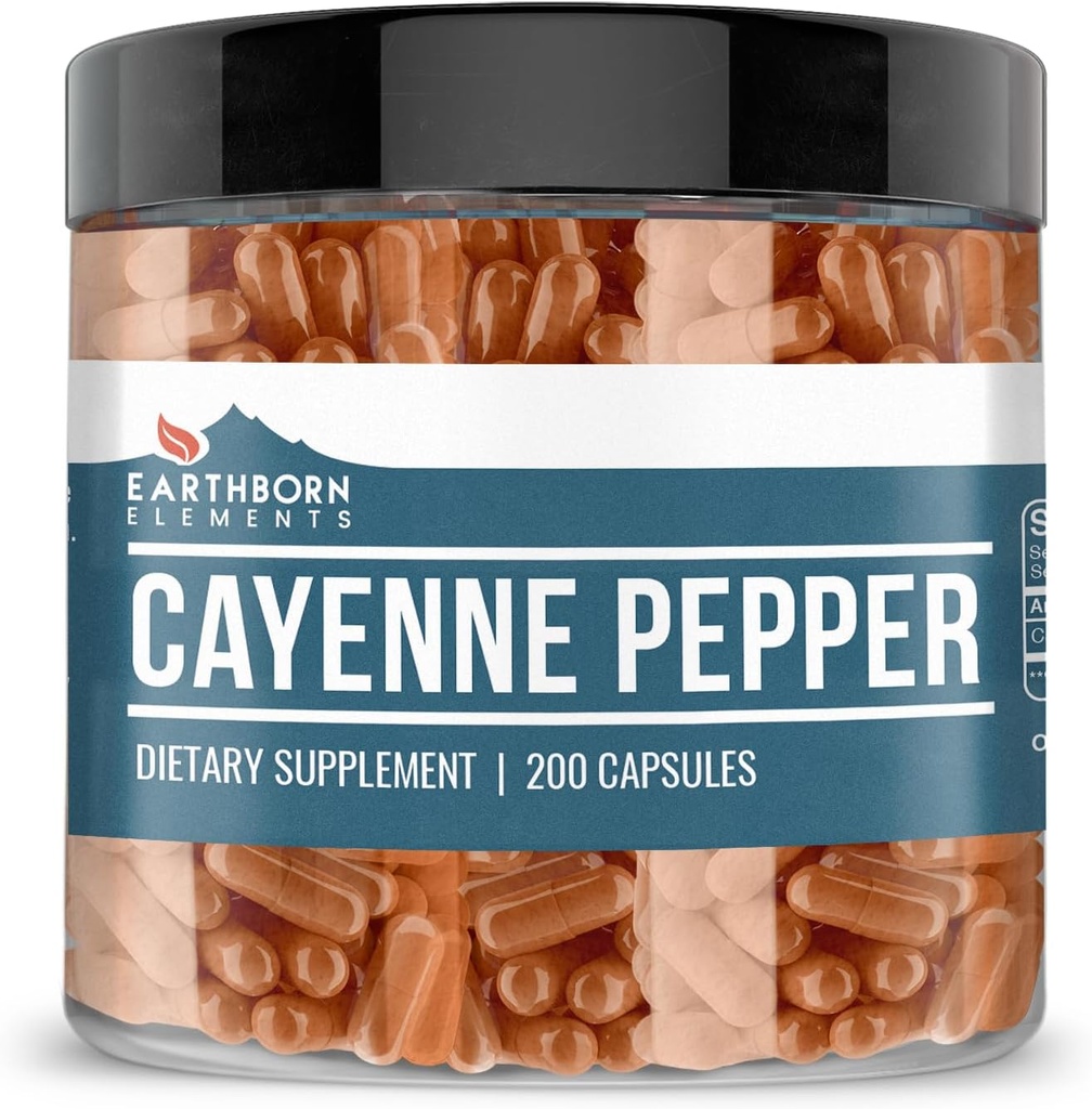 Earthborn Elements Cayenne Pepper 200 Kapsler, Pure & Ufortyndet, Ingen tilsætningsstoffer