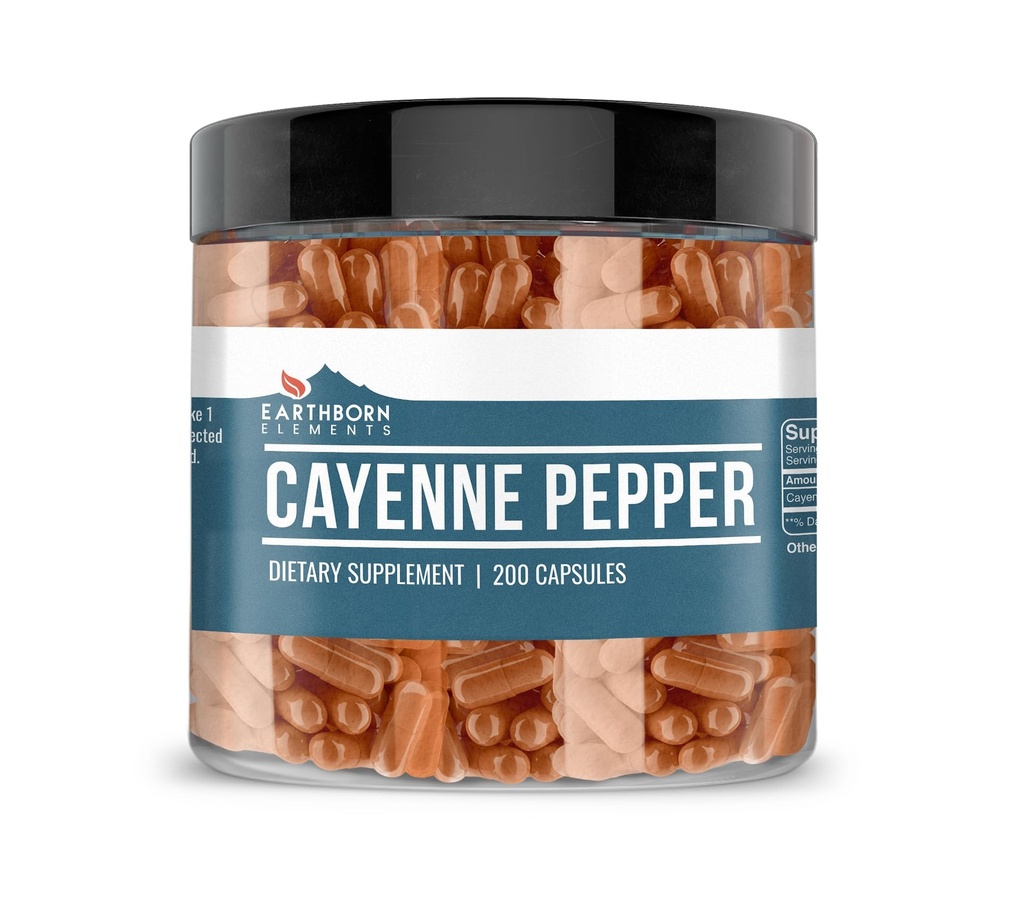 Earthborn Elements Cayenne Pepper 200 Kapsler, Pure & Ufortyndet, Ingen tilsætningsstoffer