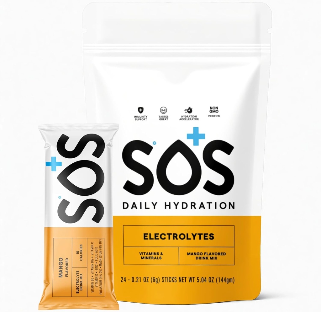 SOS Hydration Electrolyte Powder Drink Mix | 24 Servings | Essential Vitamins Low Sugar Keto-Friendly | Mango