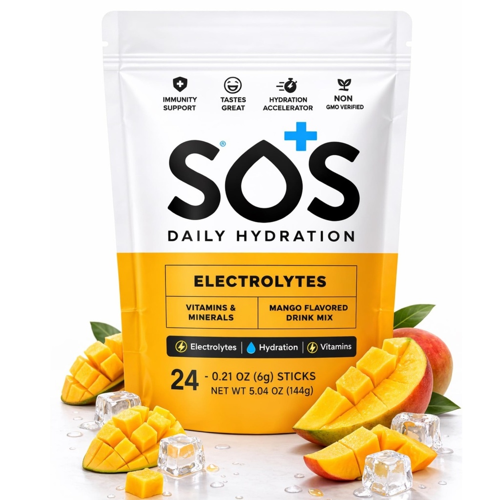 SOS Hydration Electrolyte Powder Drink Mix 124; 24 Servings Beeg 124; Væsentlige vitaminer Lav sukker Keto- venligt-- 124; Mango
