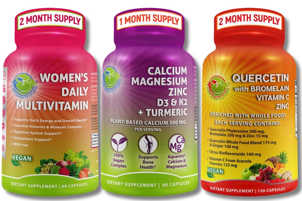 Plantbaseret immunforsvar, ben- og energistøttebunde - Quercetin med bromelain, C-vitamin og zink + calciummagnesium med D3, K2 & gurkemeje + kvinders multivitamin med jern & organiske superfødevarer