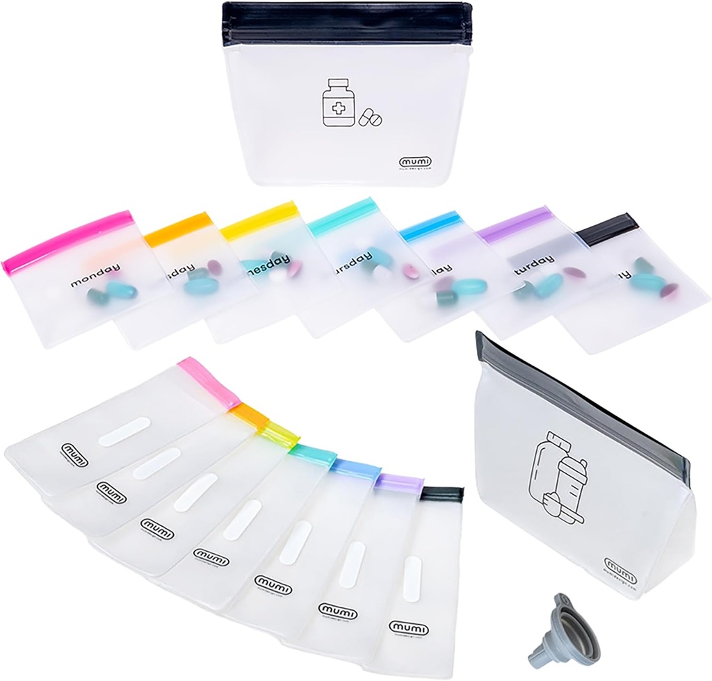 MUMI Ultimate Wellness Bundle - Pill Pouch sæt og enkeltdosissæt - 7pc Mini Pill Tasker med 1 stor lynlås Pouch og 7pc Powder supplement Pakninger med 1 stor lynlås Pouch