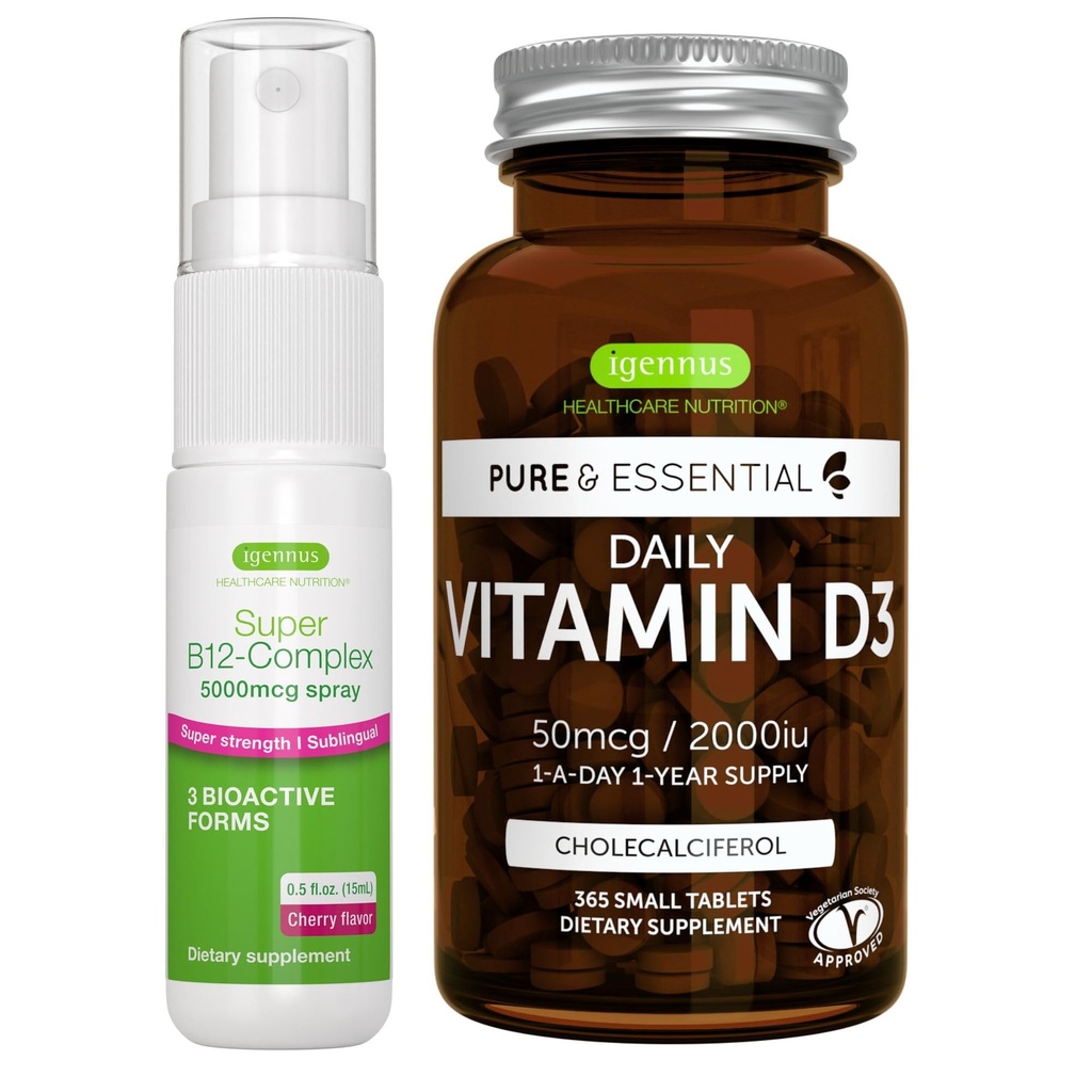 Daily Vitamin D3 + Super B12- Complex 5000mcg Vegetarisk Bundle, 365 2000iu Vitamin D3 tabletter + høj styrke B12 Cherry Flavor Sublingual Spray, af Igennus