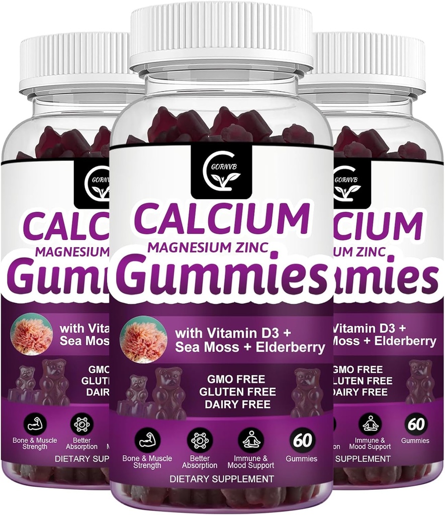 Calcium Magnesium Zinc Gummies with High Absorption Magnesium Glycinate Potassium - Plant Complex Calcium Magnesium 2:1 Ratio, with D3 Sea Moss for Bone, Muscles, Immune & Sleep Support, Vegan-3 Pack