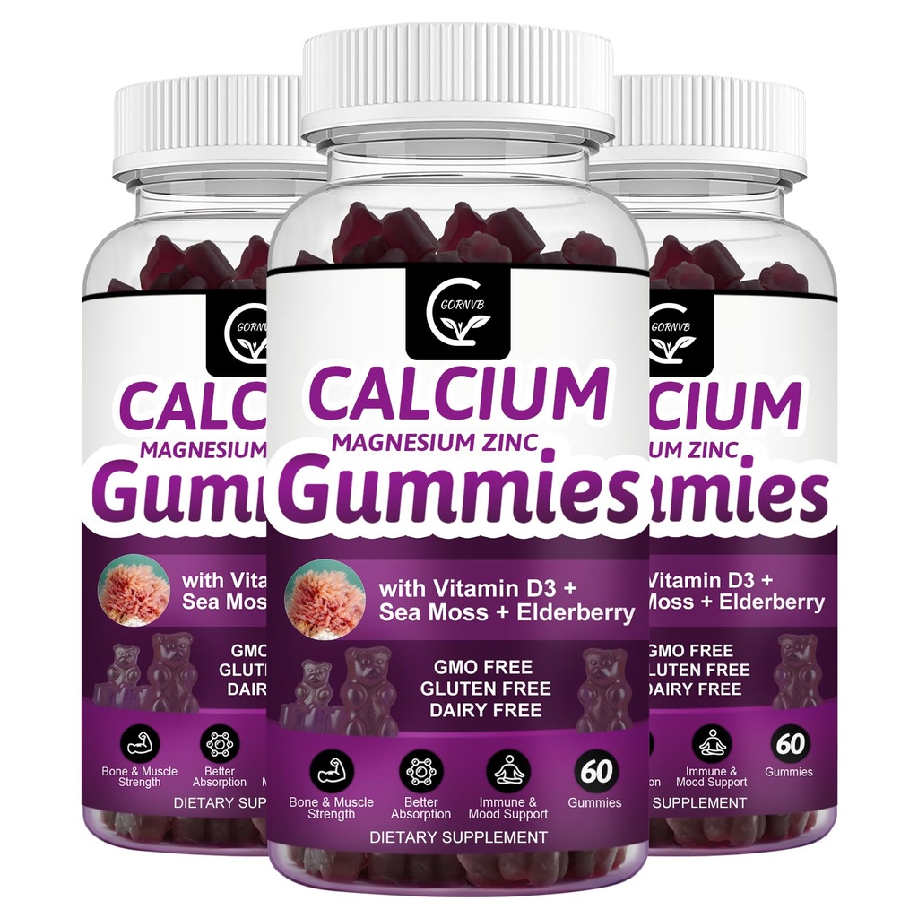 Calcium Magnesium Zink Gummier med høj absorption Magnesium Glycinat Kalium - Plant Complex Calcium Magnesium 2: 1 Ratio, med D3 Sea Moss til Ben, Muskler, Immun & Sleep Support, Vegan-3 Pack