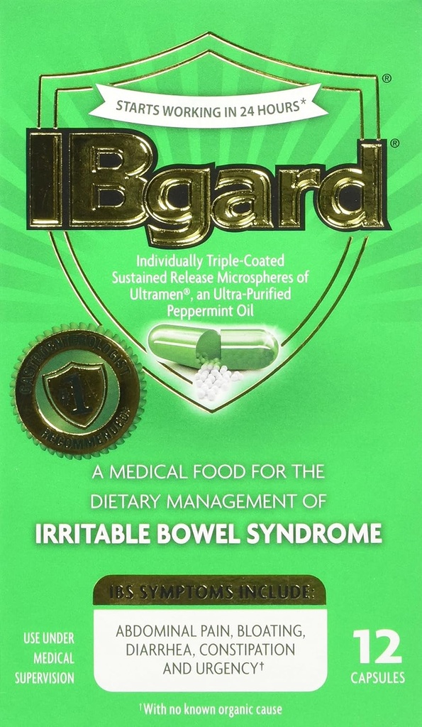 IBgard for Irritable Bowel Syndrome (IBS) Relief Bloating Gas 12 Capsules Small Box 90mg Ultra Renset Peppermint Oil God for First Timers