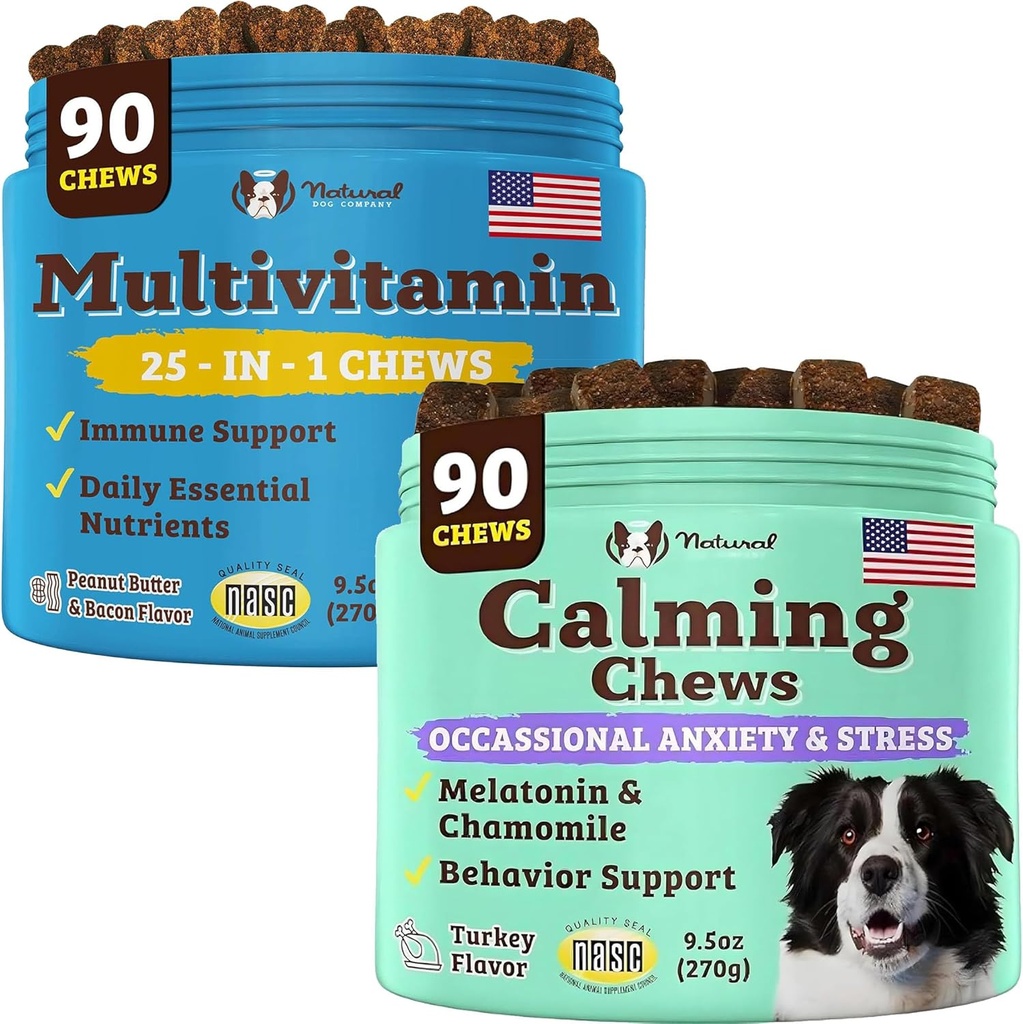 Natural Dog Company Multivitamin og Calming Supplement Bundle, Daily Nutrients og Angst Relief for Hunde, Støtte fælles sundhed, Hud & Coat, Reducere stress fra støj & Rejser, Væsentlige vitaminer