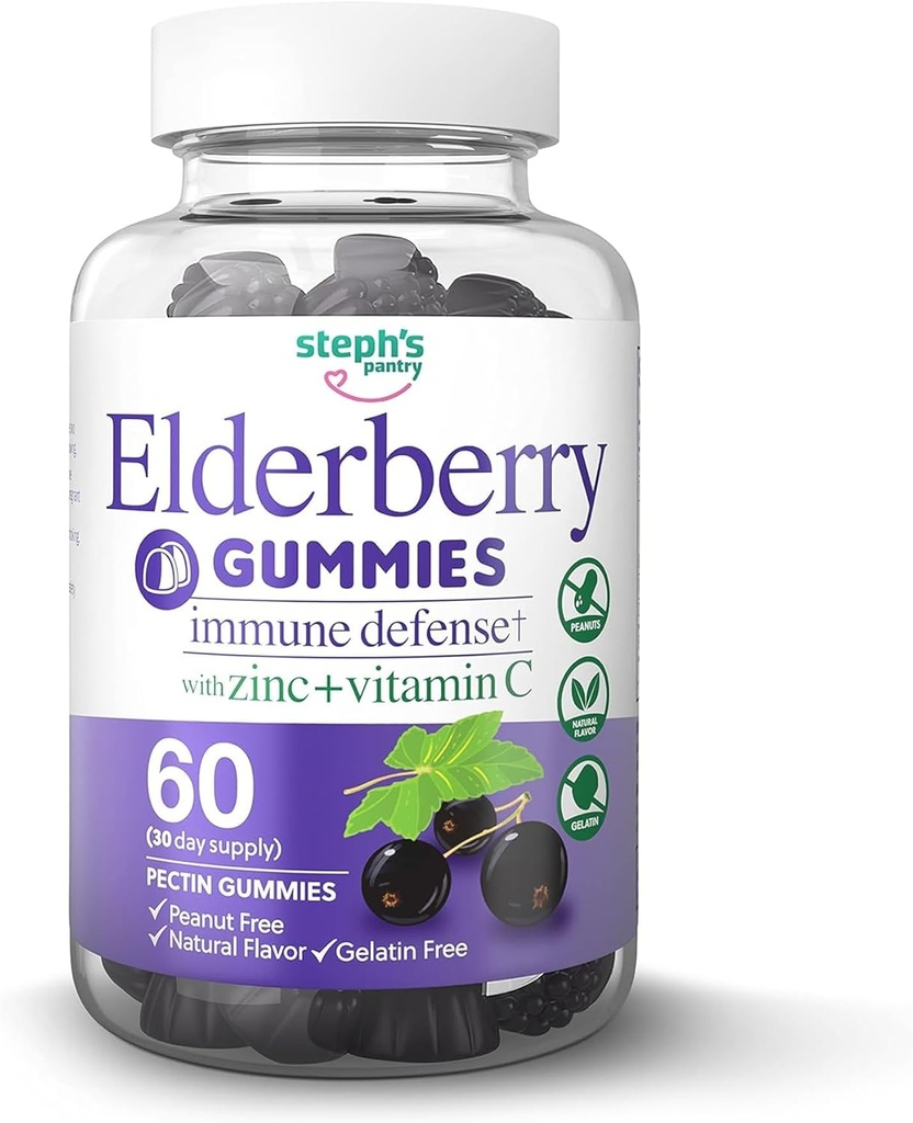 Elderberry Gummies med C-vitamin og zink - Immunbooster Elderberry Gummies For voksne og børn - Veganske naturlige ingredienser Defense Multivitaminer med antioxidant Support (60 Gummies)