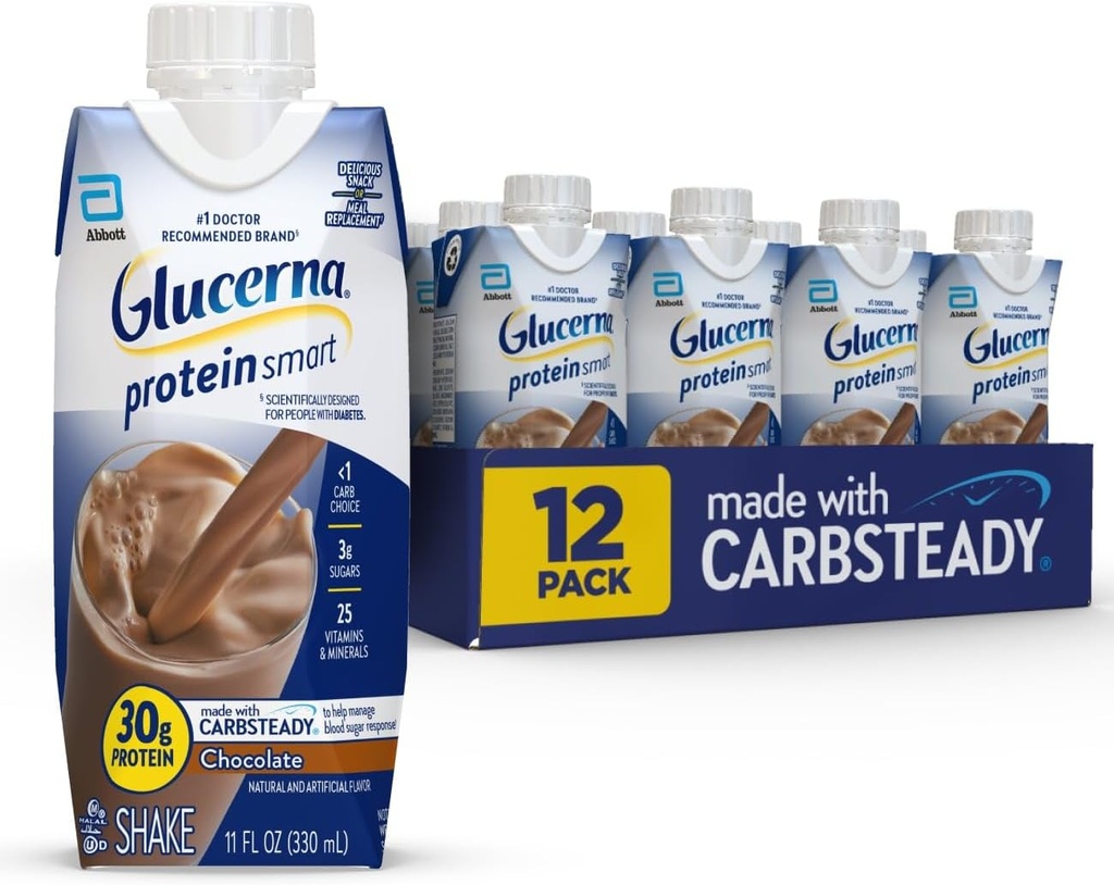 Glucerna Protein Smart Diabetes Care Shake, Chocolate, Diabetic Meal Erstatning to Support Blood Sugar Management, 30g Protein, 150 kalorier, Klar til at drikke, 11-fl- oz flaske, 12 Pack