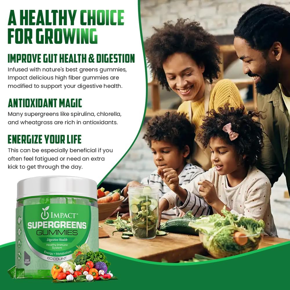 Supergreens Veggies Gummies - Vegetarian Fiber Gummies for Adults & Kids - Daily Green Superfoods with 35+ Essential Vitamins & Support Immunity & Gut Health - 4g of Fiber per Two Gummy (60 Count)