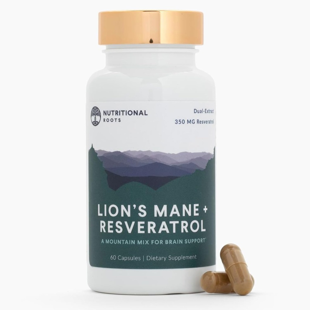 Nutritional Roots - Lions Mane + Resveratrol - Med 800mg Lions Mane Extract & 350mg Trans- Resveratrol Per Servering - Understøtter hjerne & hjerte sundhed - Kosttilskud - 1 måned Tilgang - 60 kapsler