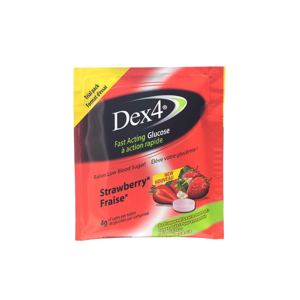 Dex4 Glucose Tablets, Strawberry, 48 Individuelle Pocket Packs Indeholder 4 Tablets, Hver tablet indeholder 4g kulhydrater