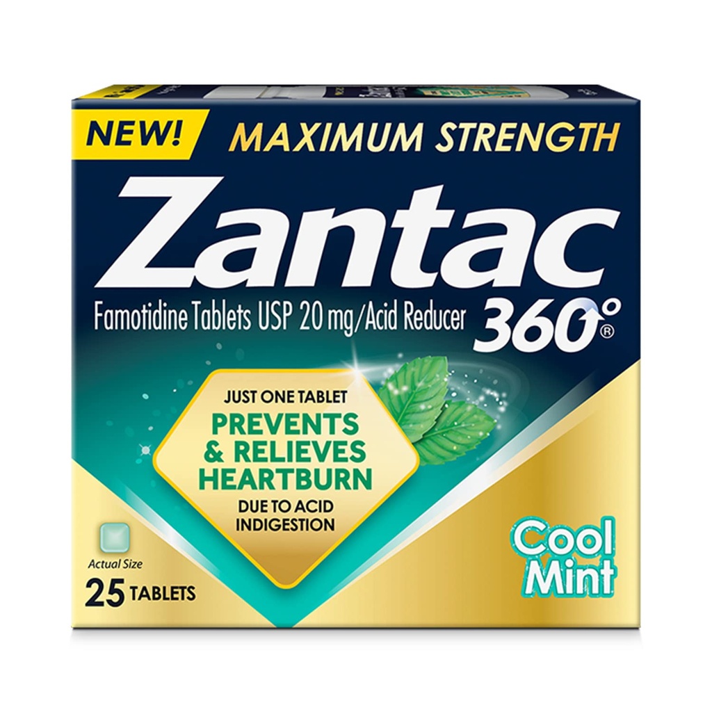Zantac 360 Maksimal styrke, Cool Mint, 25 Greve, Heartburn Prevention & Relief, 20 mg tabletter
