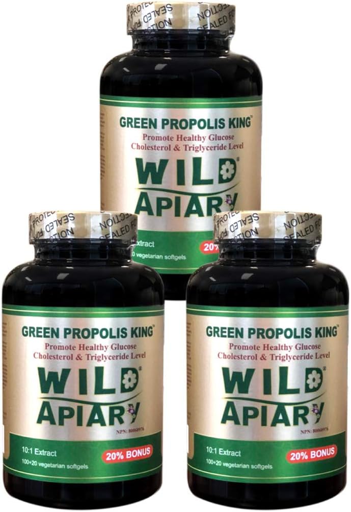 Generisk 3 Flasker af vilde Apiary Brasiliansk Green Bee Propolis King Vegetabilske Softels (120 hætter) -Non Alkoholic, Wax Free, Sukker Free,