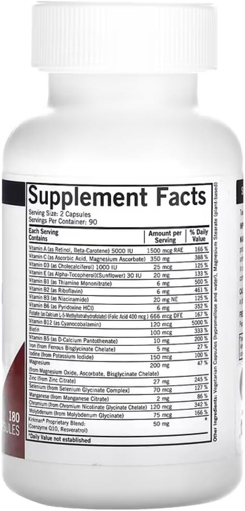 Kirkman - Avanceret Voksen Multivitamin & Mineral med 5-MTHF - 180 kapsler - Potent Broad Spectrum Vitamin / Mineral supplement - Understøtter celleomsætning - Hypoallergen