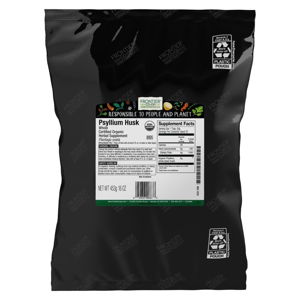 Frontier Co- op Organic Psyllium Husk 1lb - Whole Psyllium Husk, Organic & Kosher - Psyllium Husk Fiber til bagning, Psyllium Nutritional Supplement for fordøjelse, Psyllium Husk Powder Bulk