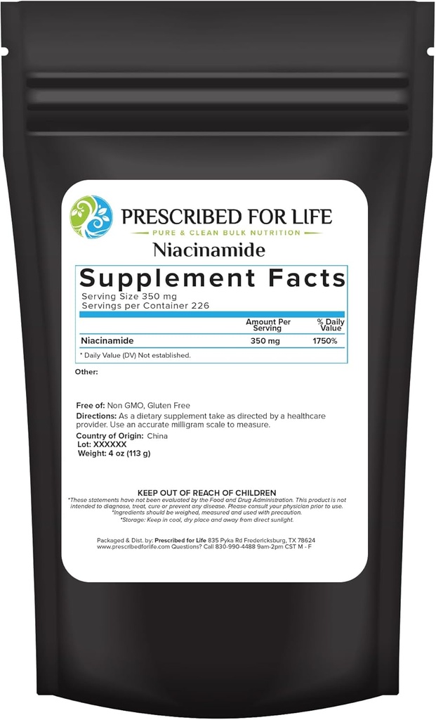 Præskrevet for Life Niacinamid Powder (B- C), Fine Granular USP Grade vitamin B3 Pulver, Natural Nicotinamid Supplement, Gluten Free, Non GMO, Vegan, Niacinamida Pura (4oz / 113g)