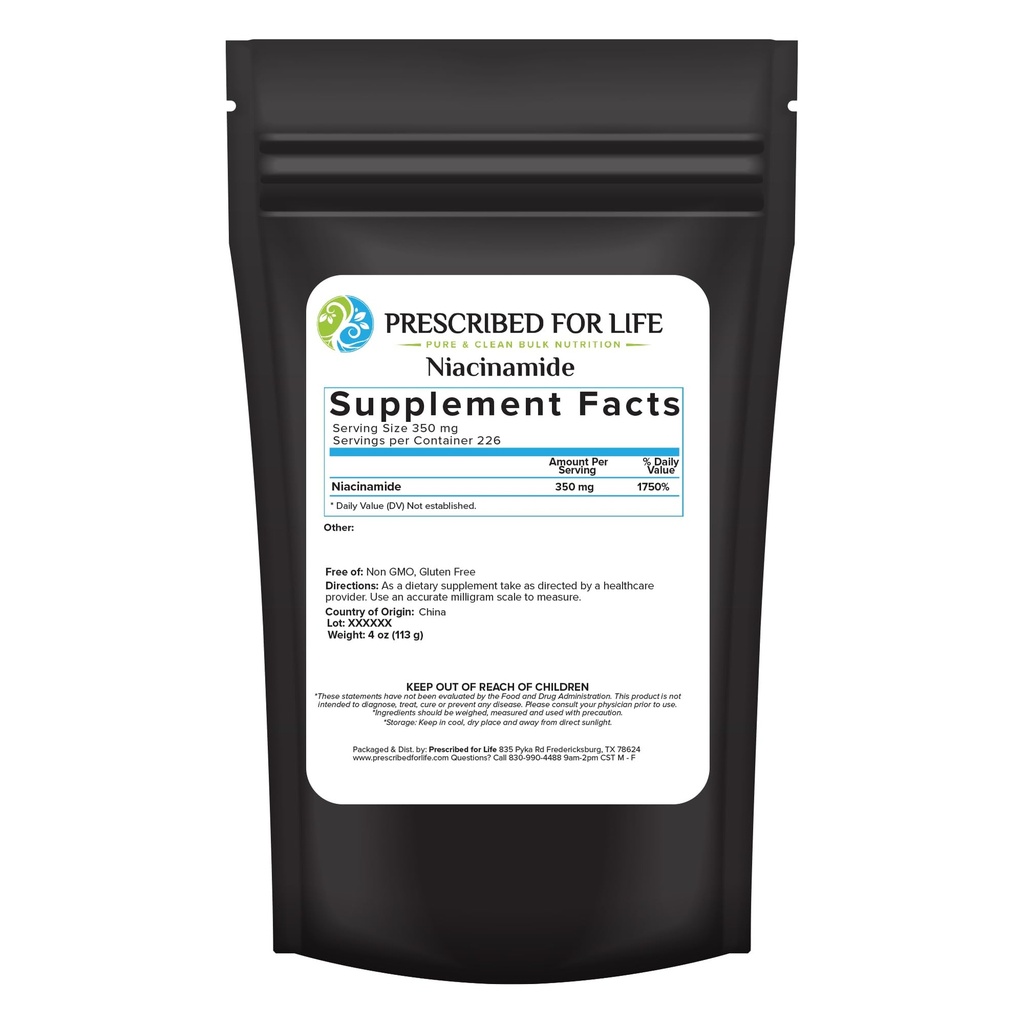 Præskrevet for Life Niacinamid Powder (B- C), Fine Granular USP Grade vitamin B3 Pulver, Natural Nicotinamid Supplement, Gluten Free, Non GMO, Vegan, Niacinamida Pura (4oz / 113g)