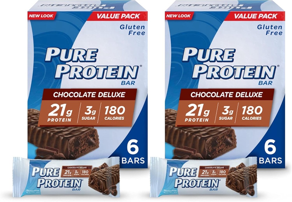 Pure Protein Bars, High Protein, Nutrious Snacks to Support Energy, Low Sugar, Gluten Free, Chokolade Deluxe, 6 Greve (Pack of 2)