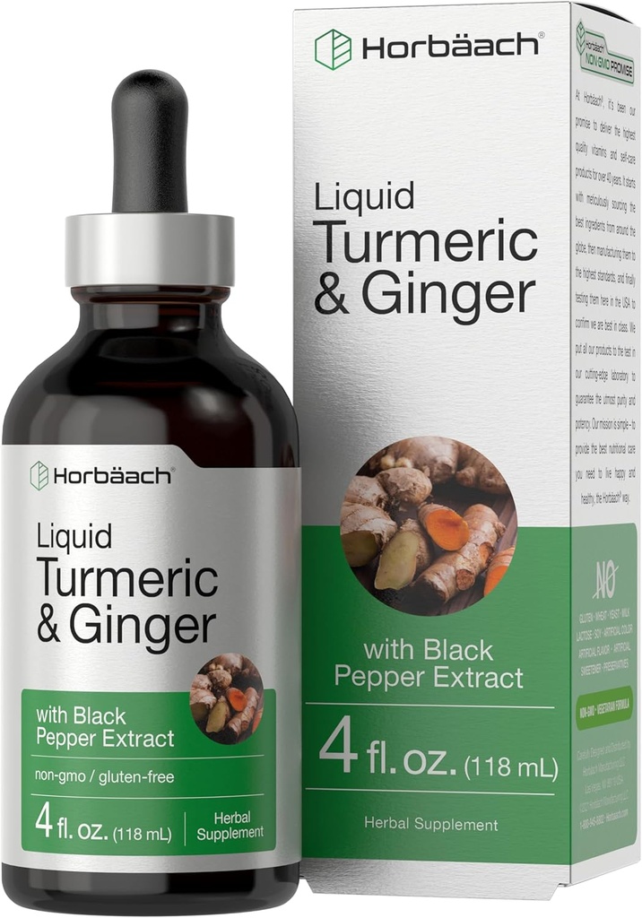 Horbaach Gurmerisk og ingefær Supplement Drops Mex124; 4 fl oz Mex124; with Black Pepper Extract Mex124; Herbal Liquid Tincture Mex124; Vegan, Non- GMO & Gluten Free