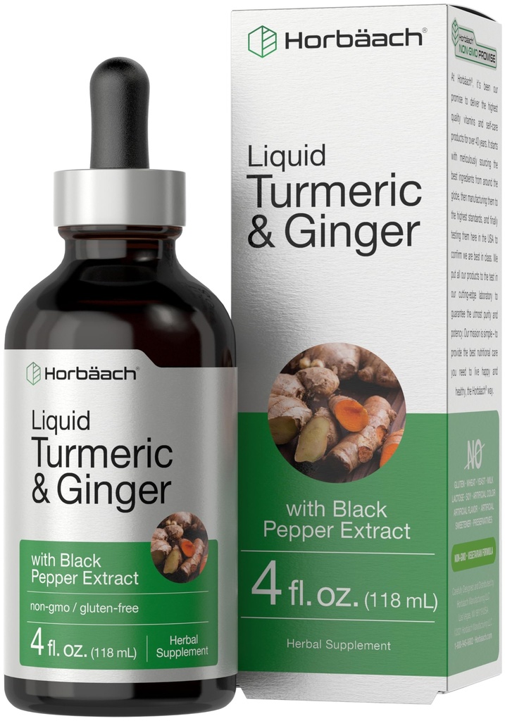 Horbaach Gurmerisk og ingefær Supplement Drops Mex124; 4 fl oz Mex124; with Black Pepper Extract Mex124; Herbal Liquid Tincture Mex124; Vegan, Non- GMO & Gluten Free