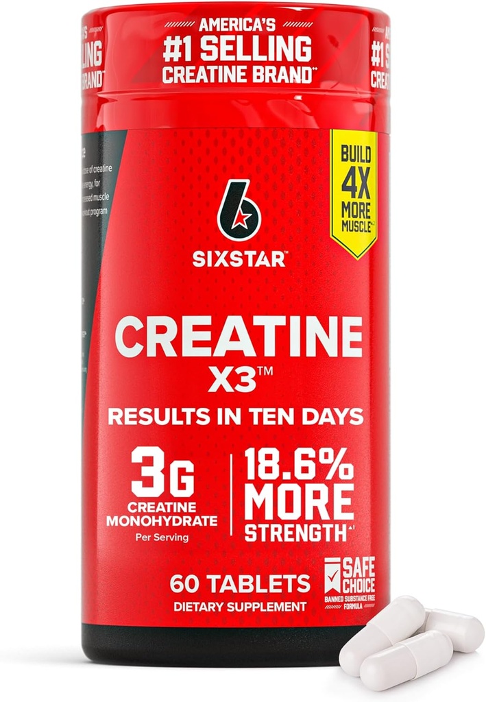 Six Star Creatinine Pills, X3 (60 kapsler) - Creatin for kvinder & mænd - Creatinine Capsules Support Muscle Strength - Pre & Post Workout Creatinine Supplement for Muscle Recovery & Building - 20 Serveringer