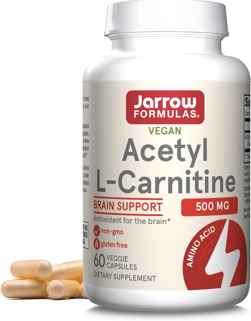 Jarrow Formulas Acetyl L- Carnitin kapsler - 500 mg - 60 Tæl - For hjerne sundhed & fedtsyrer Metabolisme - Vegetabilske kapsler - Ikke-GMO - Gluten Free