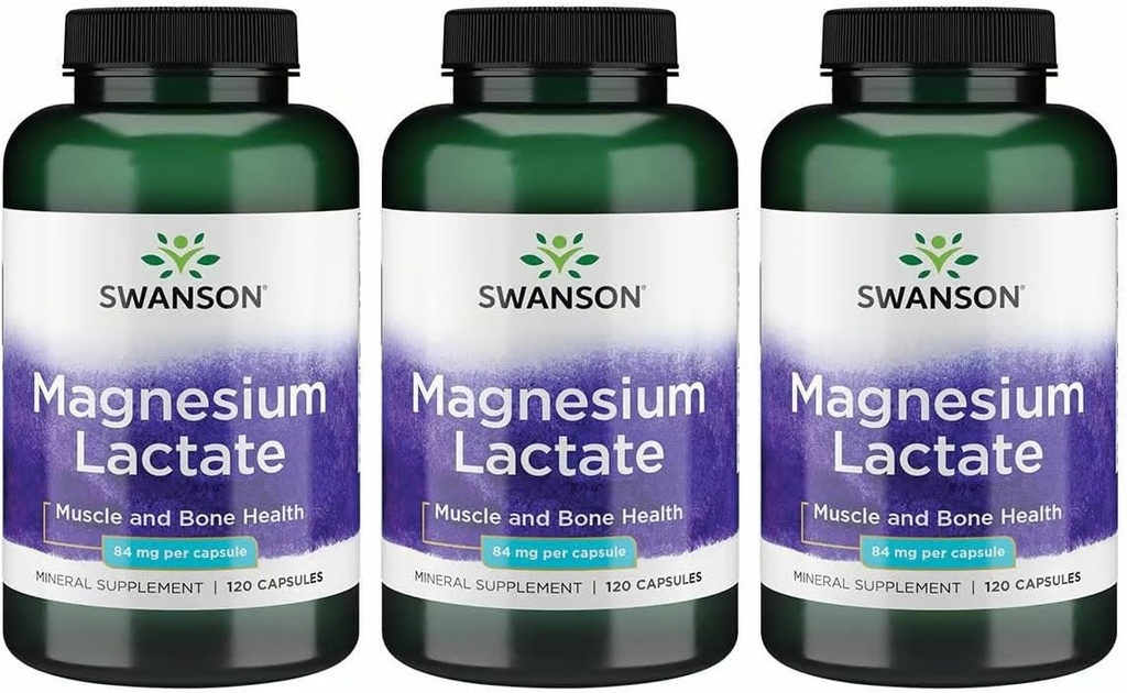 Swanson Magnesiumlactat - Mineraltilskud til fremme af muskel - og benhelbredskontrol - Lactosefri lactat Mineralform til ditle absorption - (120 kapsler, 84mg hver) 3 stk.