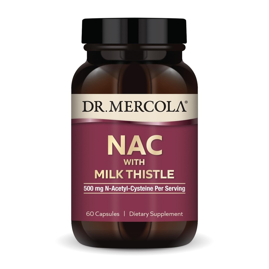 Dr. Mercola NAC med Milk Thistle - med antioxidanter - Understøtter normale afgiftningsprocesser - 500 mg N- Acetyl- Cystein per servering - Non-GMO, Gluten- Free & Soy Free - 60 kapsler (30 servere)