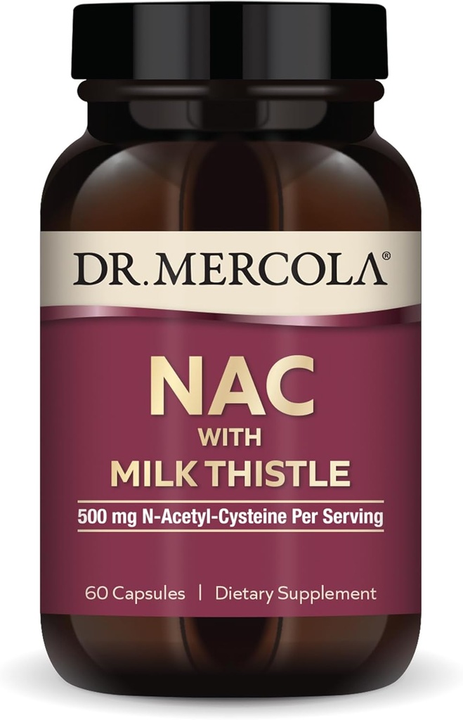 Dr. Mercola NAC med Milk Thistle - med antioxidanter - Understøtter normale afgiftningsprocesser - 500 mg N- Acetyl- Cystein per servering - Non-GMO, Gluten- Free & Soy Free - 60 kapsler (30 servere)