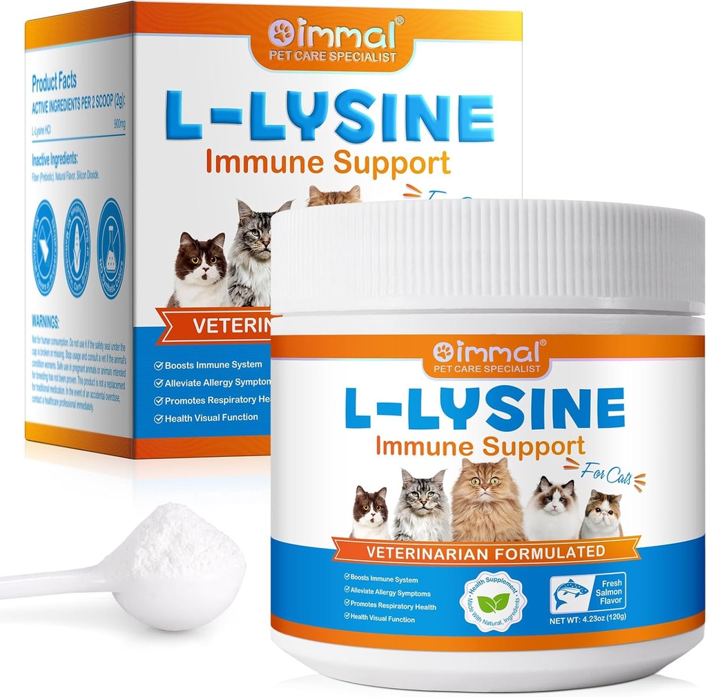 L- lysine pulver til katte, 120g lysine pulver støtter katte immunsystem, respiratorisk sundhed & visuel funktion - lysine pulver forbedre katte øje udledning, kæledyr kosttilskud, Salmon Flavor - 4.23oz