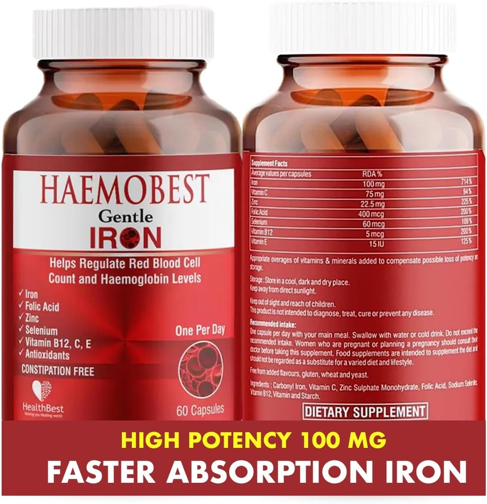 HealthBest høj potens Gentle jernkapsler 100mg • 124; Slow Release Jern til hurtigere absorption, Non- Constipating • 124; C-vitamin, B12, Folate Zink & Selenium til anæmi, hæmoglobin & immunforsvar • 124; 60 Tælling