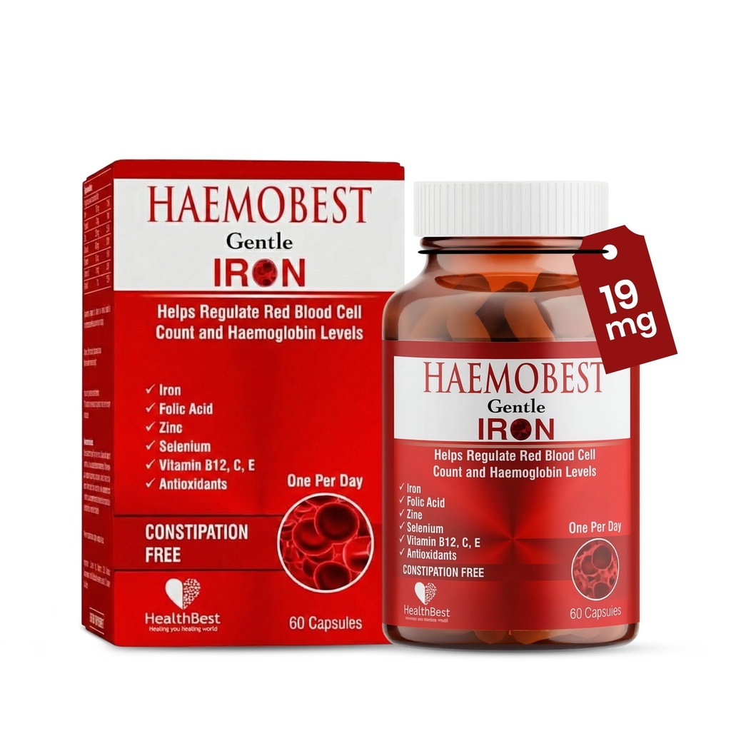 HealthBest høj potens Gentle jernkapsler 100mg • 124; Slow Release Jern til hurtigere absorption, Non- Constipating • 124; C-vitamin, B12, Folate Zink & Selenium til anæmi, hæmoglobin & immunforsvar • 124; 60 Tælling