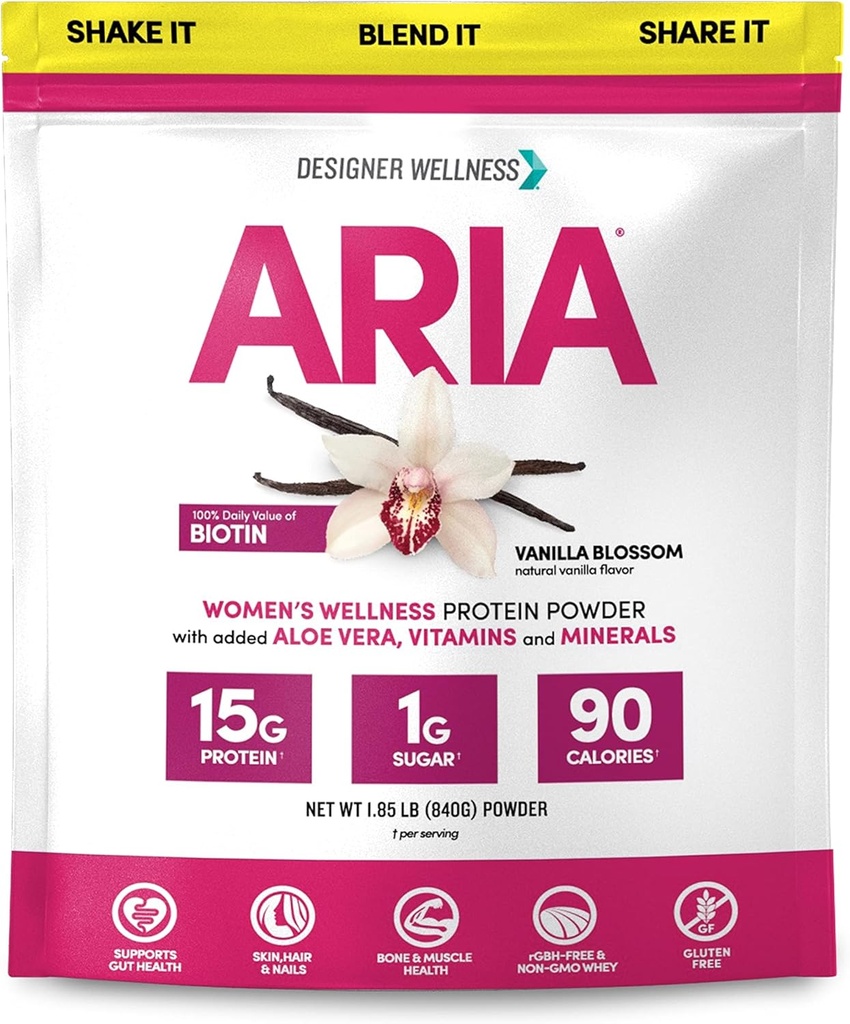 Designer Wellness, Aria, Wellness Low Calorie Vanilla Protein Powder with Biotin, Vitamin C and Organic Aloe, Vanilla Blossom, 1,85 Pound