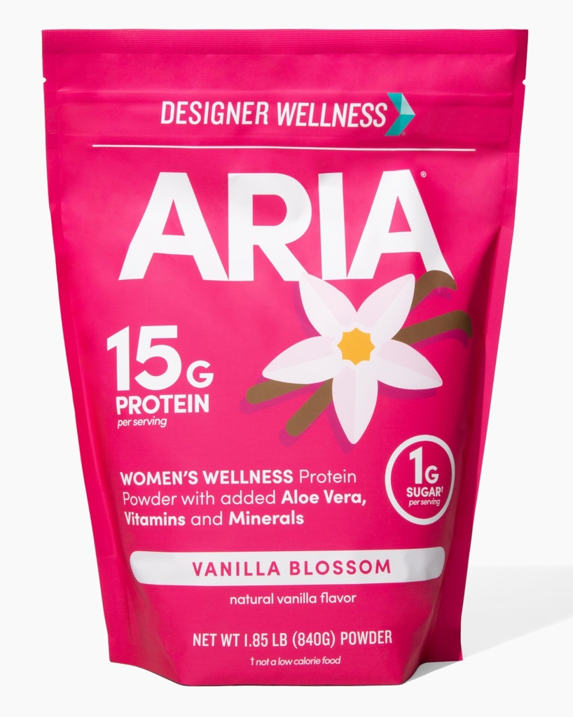 Designer Wellness, Aria, Wellness Low Calorie Vanilla Protein Powder with Biotin, Vitamin C and Organic Aloe, Vanilla Blossom, 1,85 Pound