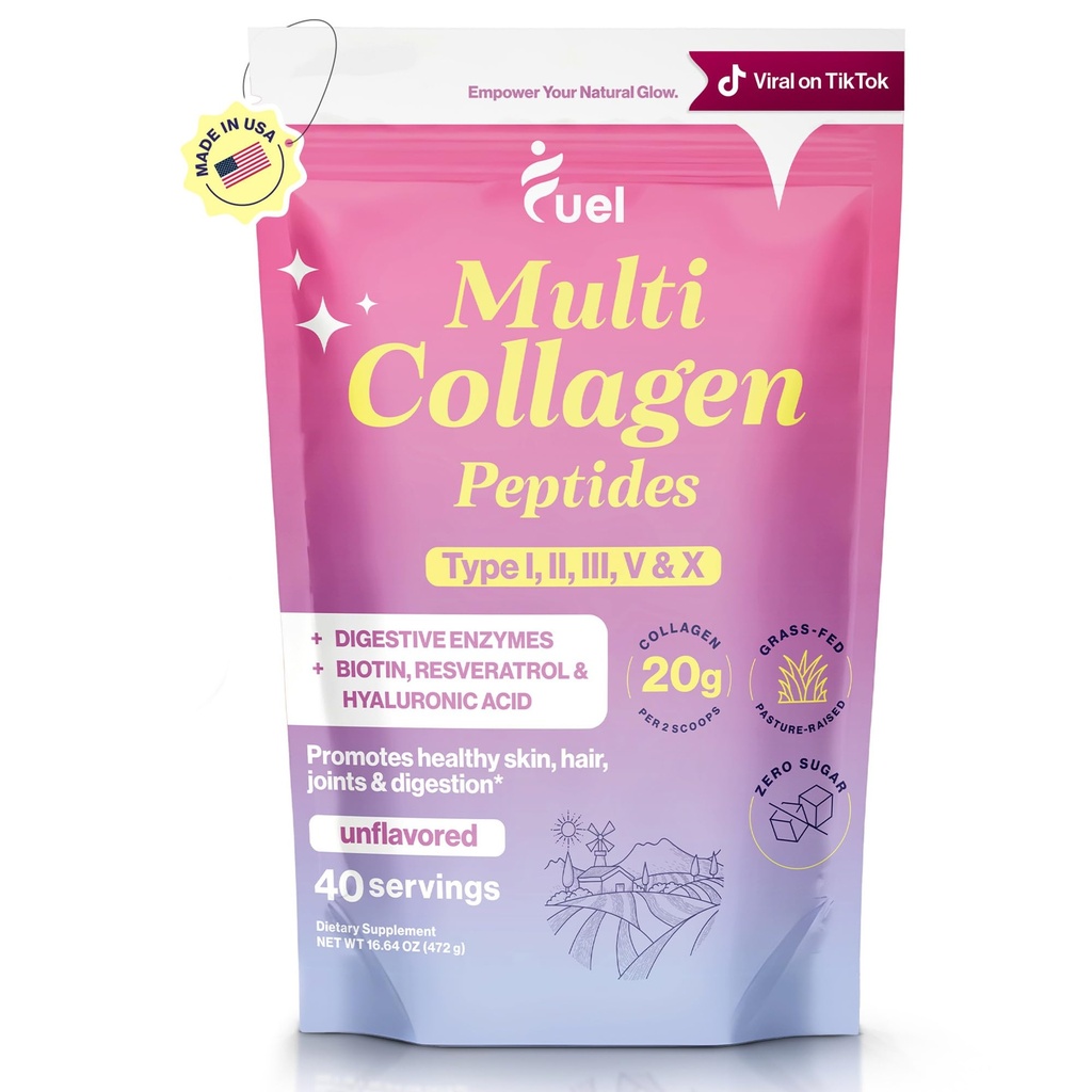 Fuel Multi Collagen Peptider Powder - 20g Hydrolyzed Collagen I, II, III, V & X for hår, hud, negle & fælles støtte - bedre absorption - Keto & Gluten Free, Unflavored 9.31oz