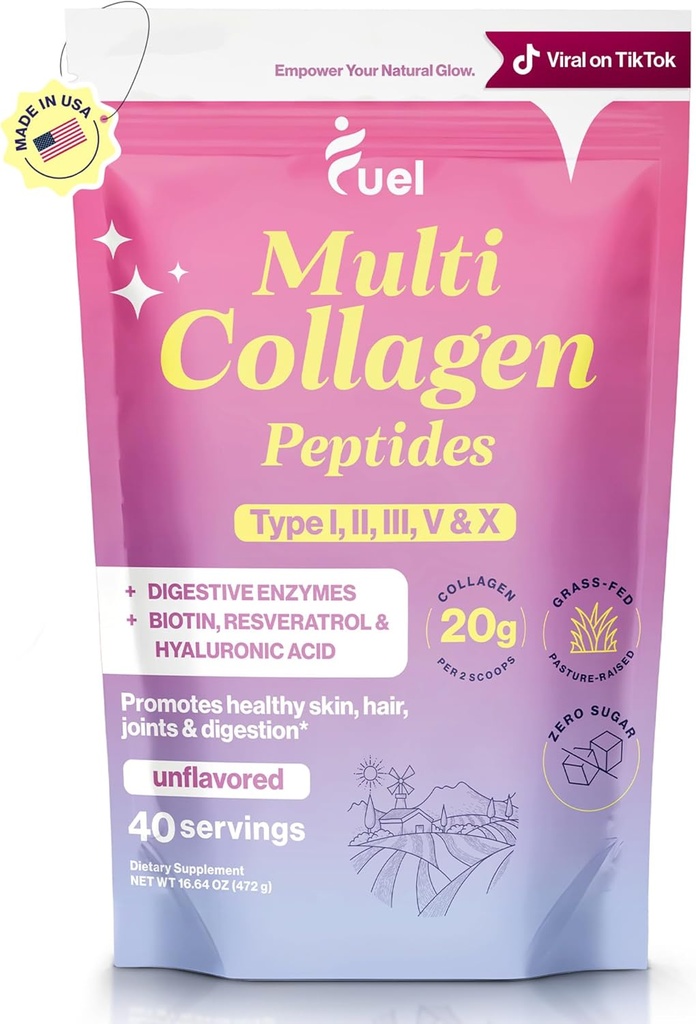 Fuel Multi Collagen Peptider Powder - 20g Hydrolyzed Collagen I, II, III, V & X for hår, hud, negle & fælles støtte - bedre absorption - Keto & Gluten Free, Unflavored 9.31oz