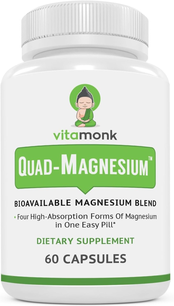 Quad Magnesium Blend by Vitamonk - med Magnesium Oroter, Glycinat Chelat, Magnesium Taurat og Di- Magnesium Malat - Høj Absorption Magnesium Complex til søvn, hjerte og mad