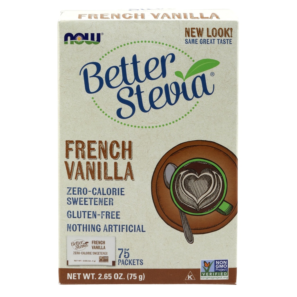 Now Foods, BetterStevia Fransk Vanilla Granuleret Pakker Zero- Calorie Sweetener, Keto Friendly, Egnet til diabetes, Ingen Erythritol 75 Greve