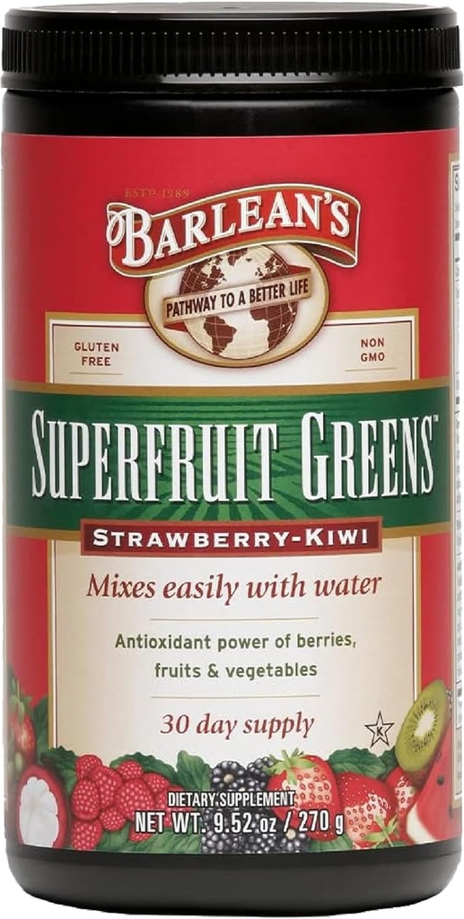 Barlean 's Superfruit Green Powder med antioxidant strøm af bær, Frugt og grøntsager - Jordbær Kiwi Flavor - Vegan, Non- GMO, Gluten- Free - 9,52 oz