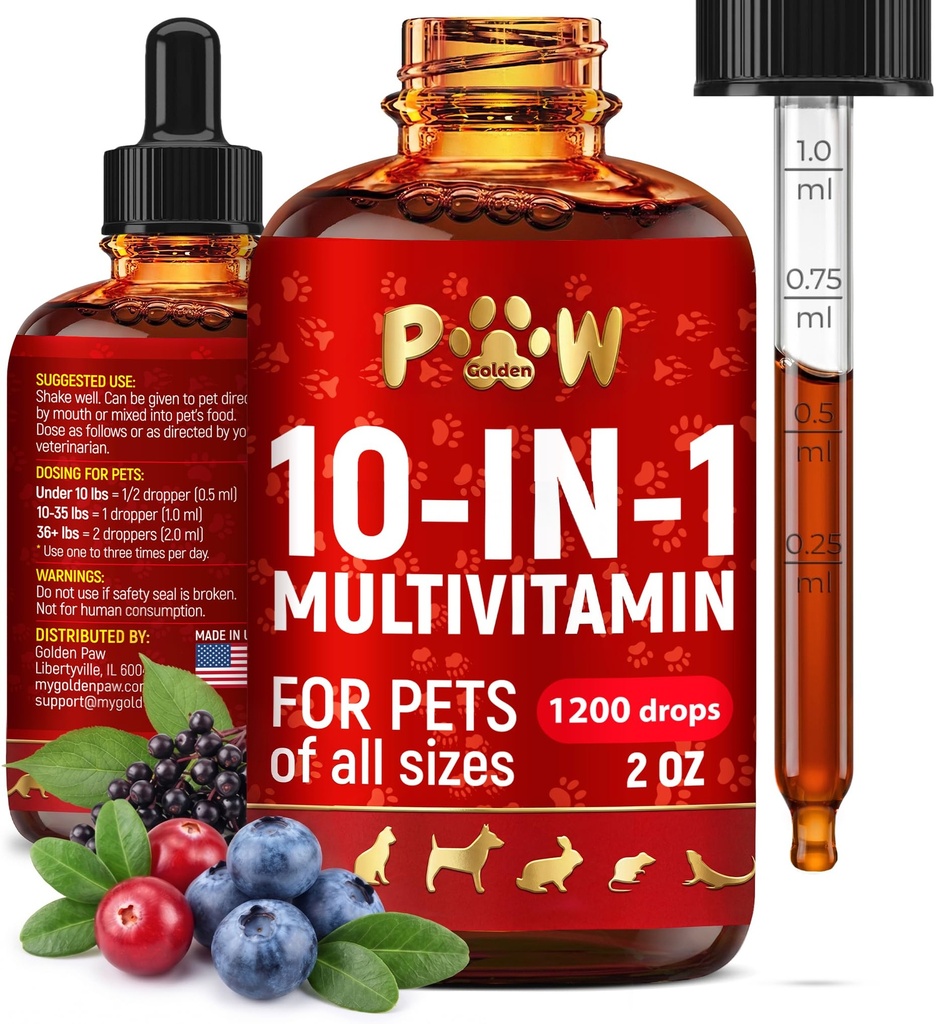 Cat Multivitamin - Vitaminer B, C og D3 i flydende form - 10 i 1 Hund Vitaminer og kosttilskud til at hjælpe med allergier & UTIs - Kat Vitaminer til hud & Coat Care - Glucosamin til HIPS & Joints - 2 Oz
