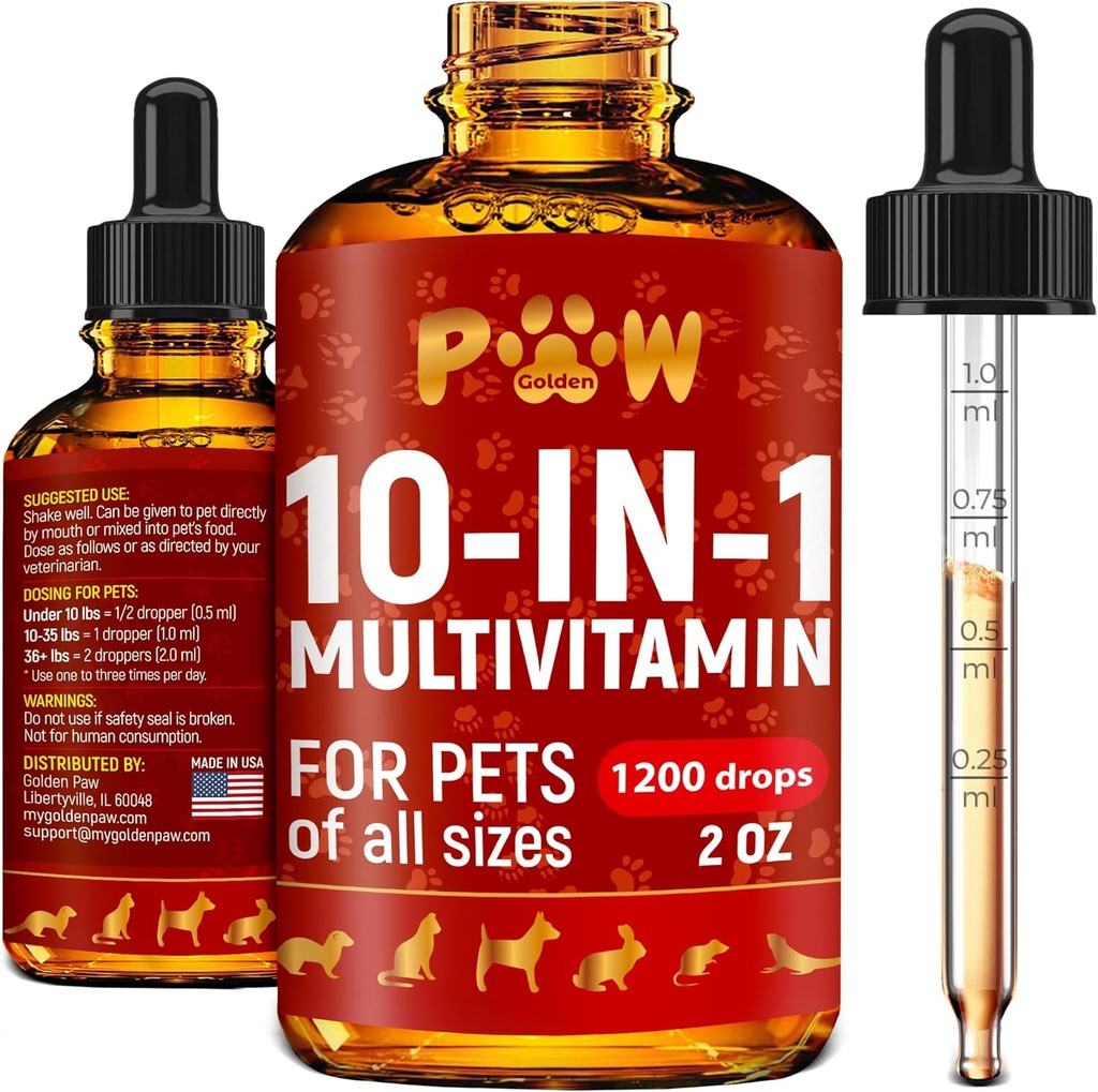 Cat Multivitamin - Vitaminer B, C og D3 i flydende form - 10 i 1 Hund Vitaminer og kosttilskud til at hjælpe med allergier & UTIs - Kat Vitaminer til hud & Coat Care - Glucosamin til HIPS & Joints - 2 Oz